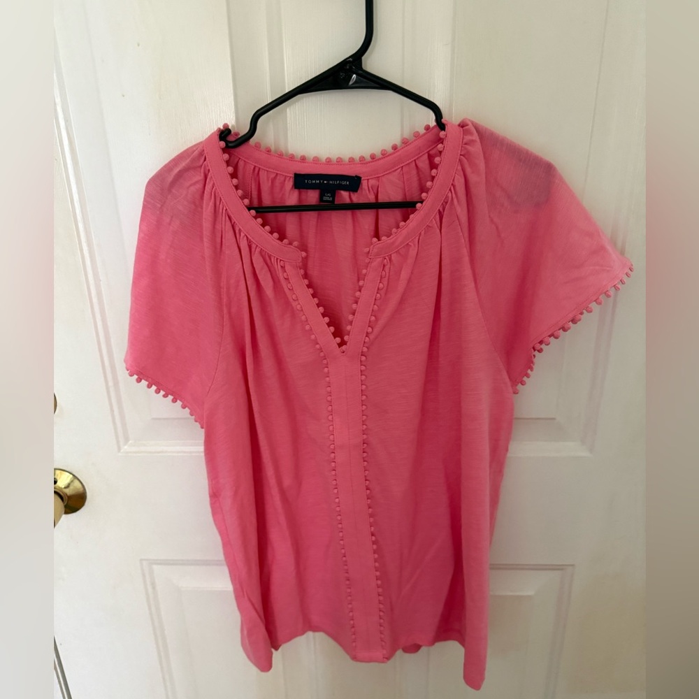 Tommy Hilfiger pink blouse with pom-pom details #pom-pom